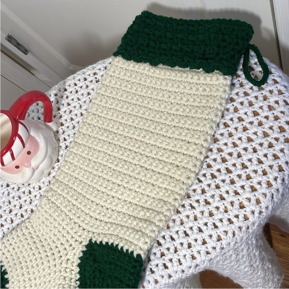Handmade Crochet Christmas Stocking Cream Green Chunky Knit 2 Skein Christmas - Picture 4 of 17